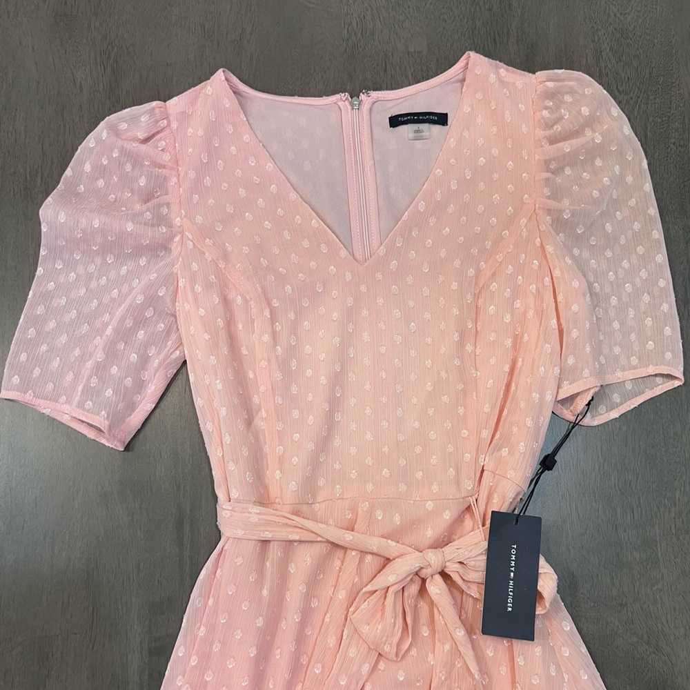 Tommy Hilfiger Women's Puff Sleeve V-Neck Tie Waist Chiffon Mini Dress - Picture 10 of 12